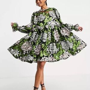 ASOS Floral Mini Dress in Green and White